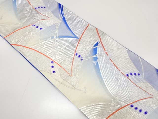 JAPANESE KIMONO / ANTIQUE FUKURO OBI / SILK / WOVEN PEACOCK FEATHERS